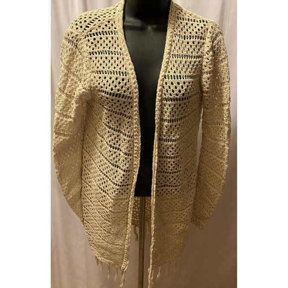 Wrangler Womens Small Open Knit Boho Sweater  Beige Fringe Bohemian Crochet - Picture 1 of 13